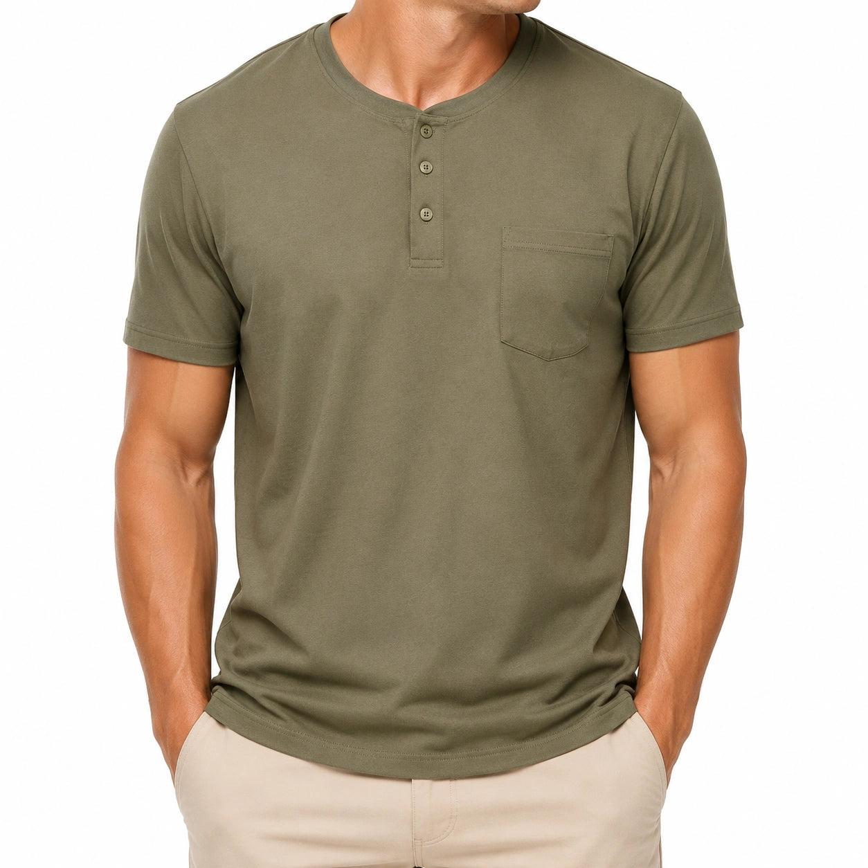 Maglietta henley uomo taglia M verde oliva in tessuto a maglia con taschino