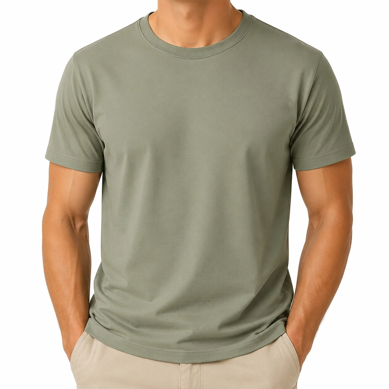 T-shirt uomo L in tessuto verde oliva a maniche corte girocollo stile essenziale