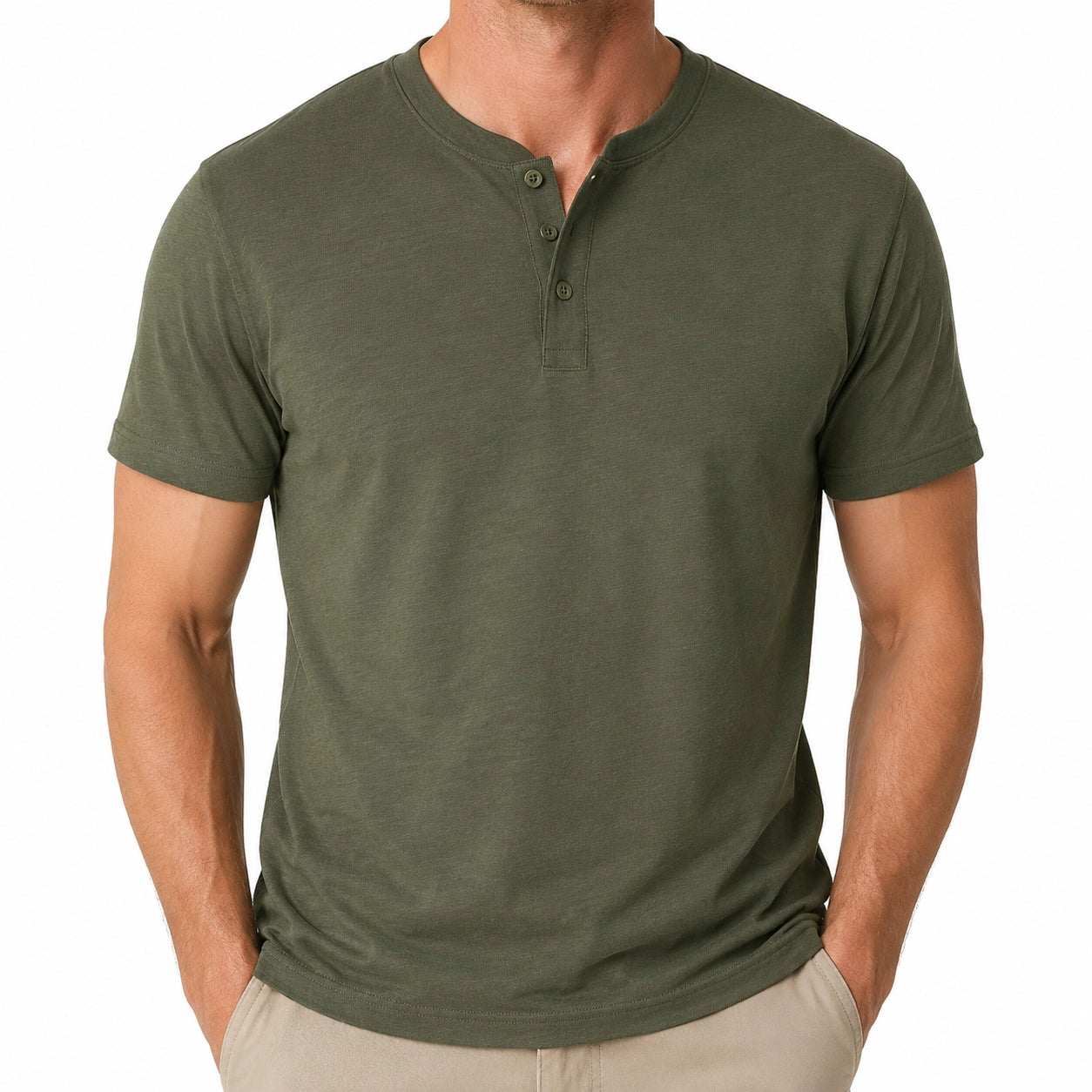 T-shirt uomo taglia L in jersey verde oliva con collo serafino stile casual