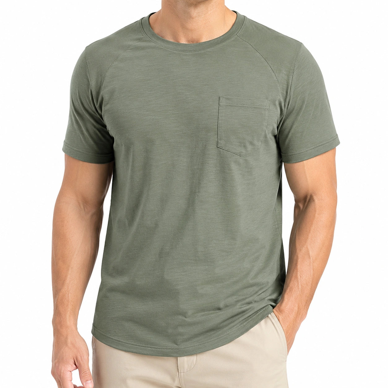 T-shirt uomo taglia L in cotone verde salvia con taschino girocollo casual