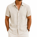 Camicia da uomo M beige a manica corta in tessuto effetto lino - stile casual