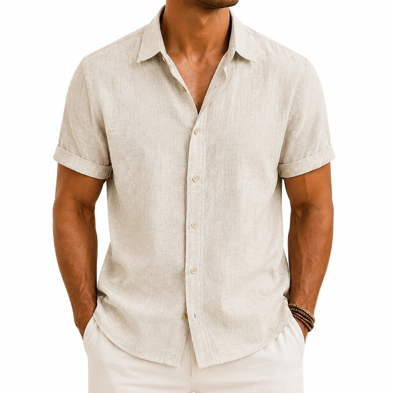 Camicia da uomo M beige a manica corta in tessuto effetto lino - stile casual