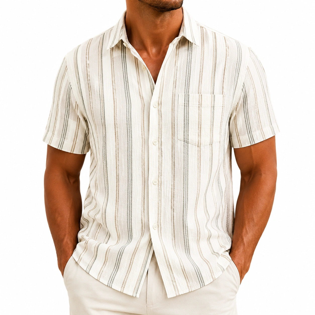 Camicia da uomo taglia M a righe bianco beige in tessuto leggero manica corta stile casual