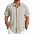 Camicia uomo M a maniche corte beige chiaro in tessuto effetto lino con taschino