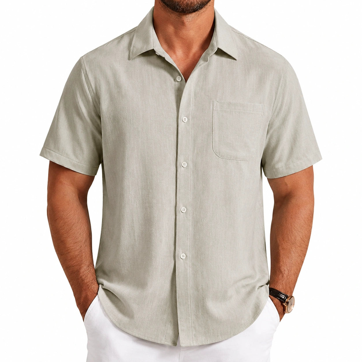 Camicia uomo M a maniche corte beige chiaro in tessuto effetto lino con taschino