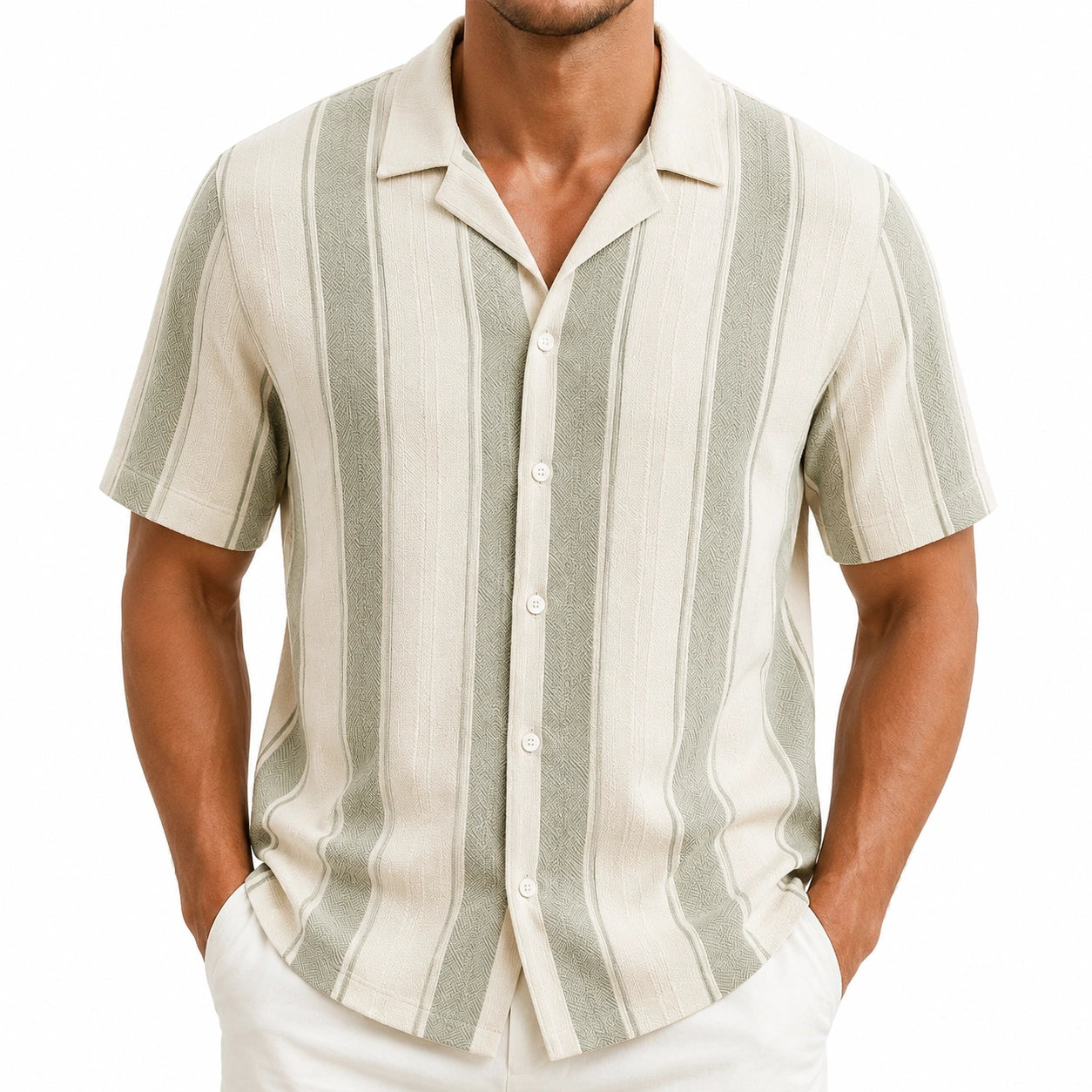 Camicia uomo taglia M in tessuto beige e verde salvia a righe - maniche corte con colletto aperto