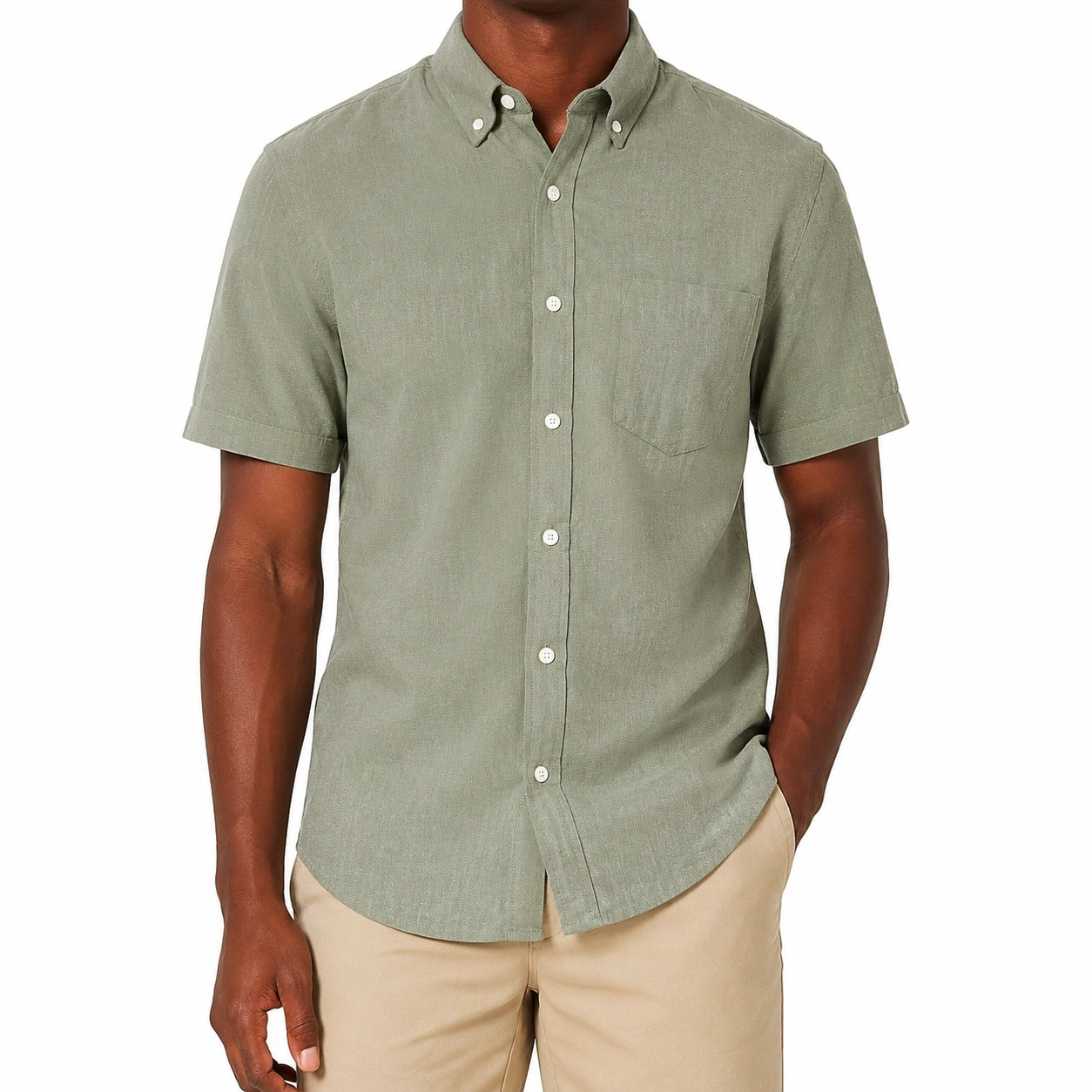 Camicia uomo taglia L in tessuto verde salvia a maniche corte con colletto button down