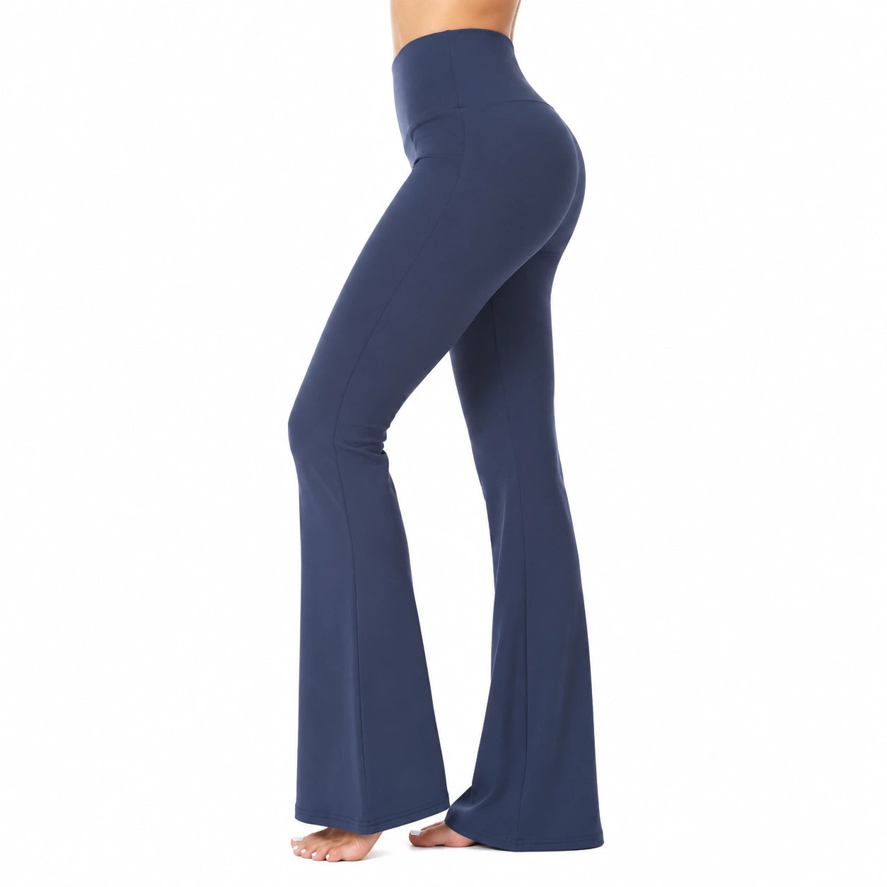 Pantaloni donna taglia S in tessuto elasticizzato blu navy a vita alta con gamba svasata