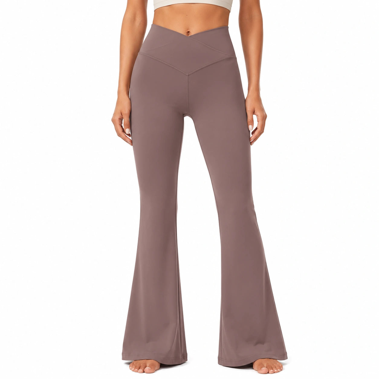 Leggings donna M in tessuto elasticizzato marrone tortora a vita alta svasati per yoga