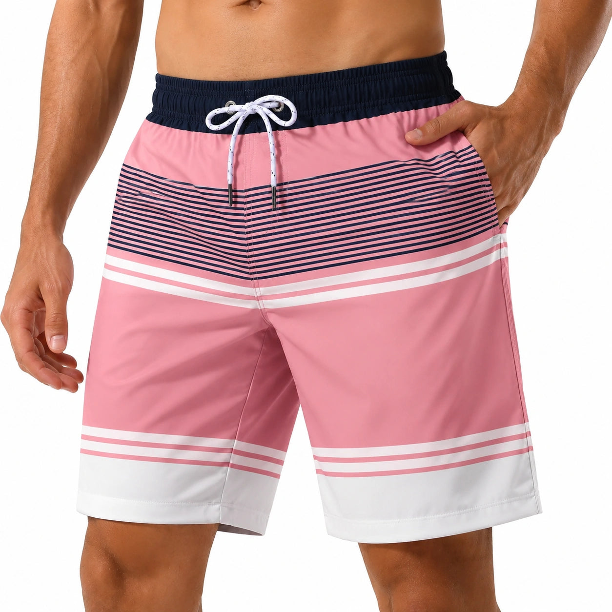 Costume da bagno uomo M in tessuto sintetico rosa blu e bianco a righe con tasche
