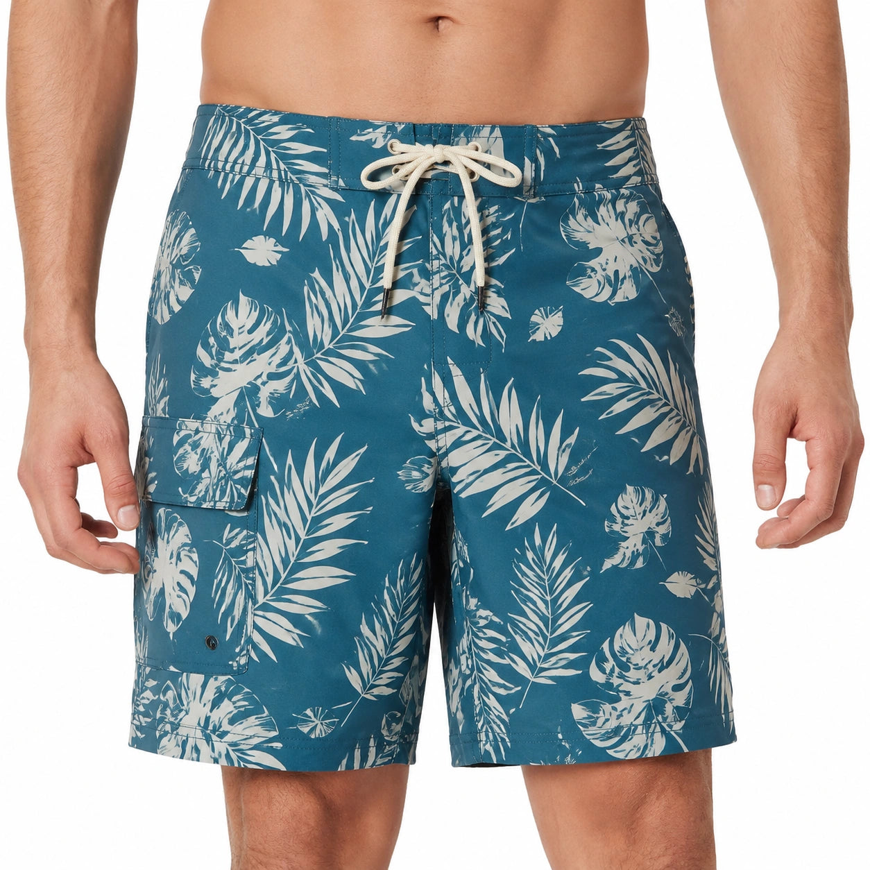 Costume da bagno uomo L in tessuto sintetico blu con stampa foglie - tasca laterale e coulisse