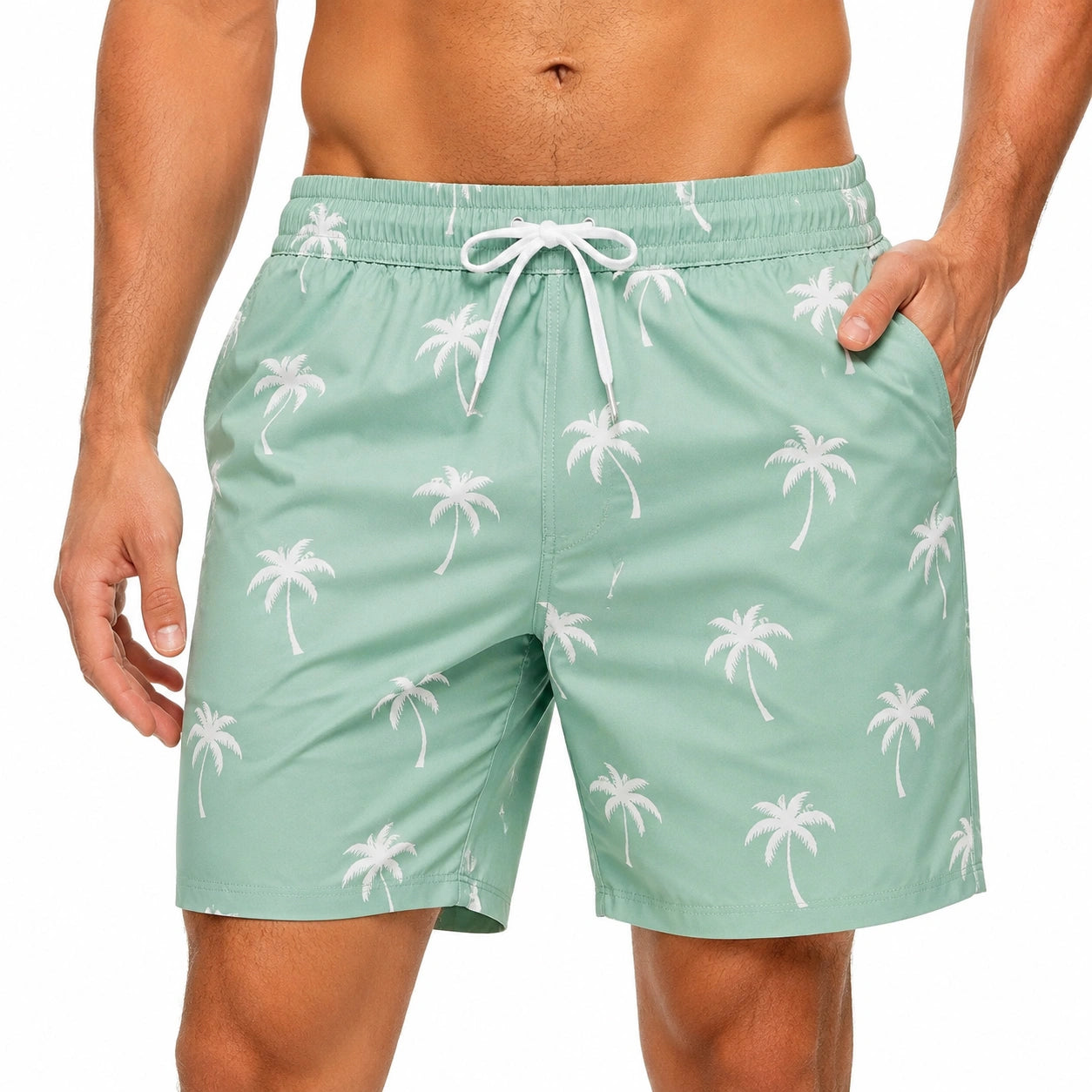 Costume da bagno uomo XL in tessuto sintetico verde acqua con stampa palme - pantaloncino con tasche