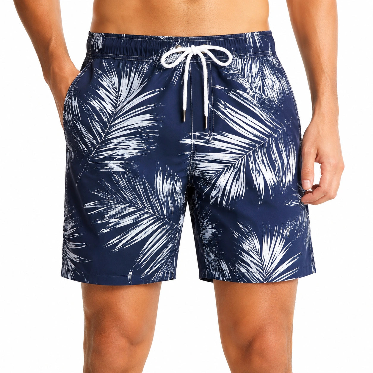 Costume da bagno uomo XL in tessuto sintetico blu navy e bianco con stampa foglie e coulisse