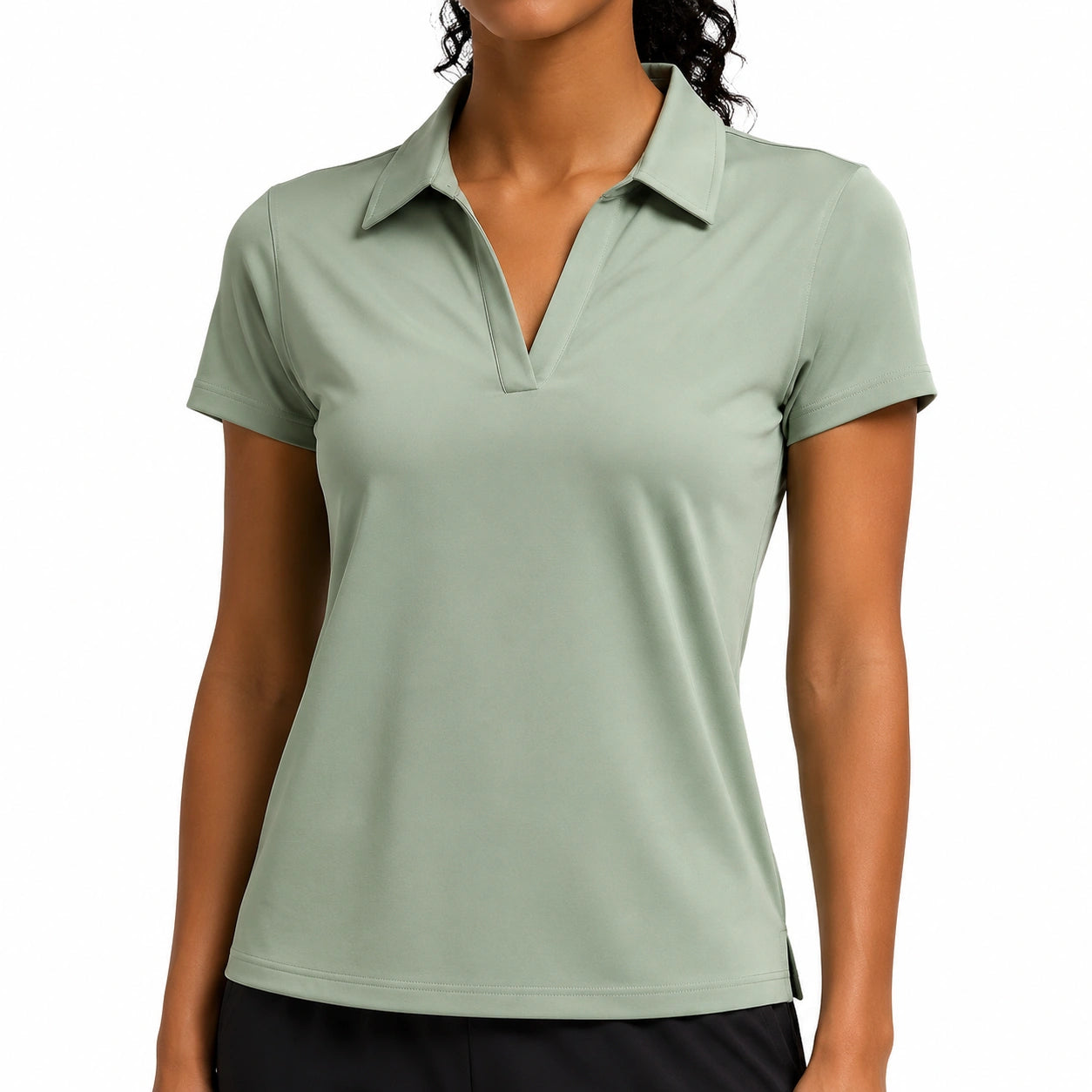 Polo donna taglia S in tessuto sintetico verde salvia a manica corta stile casual