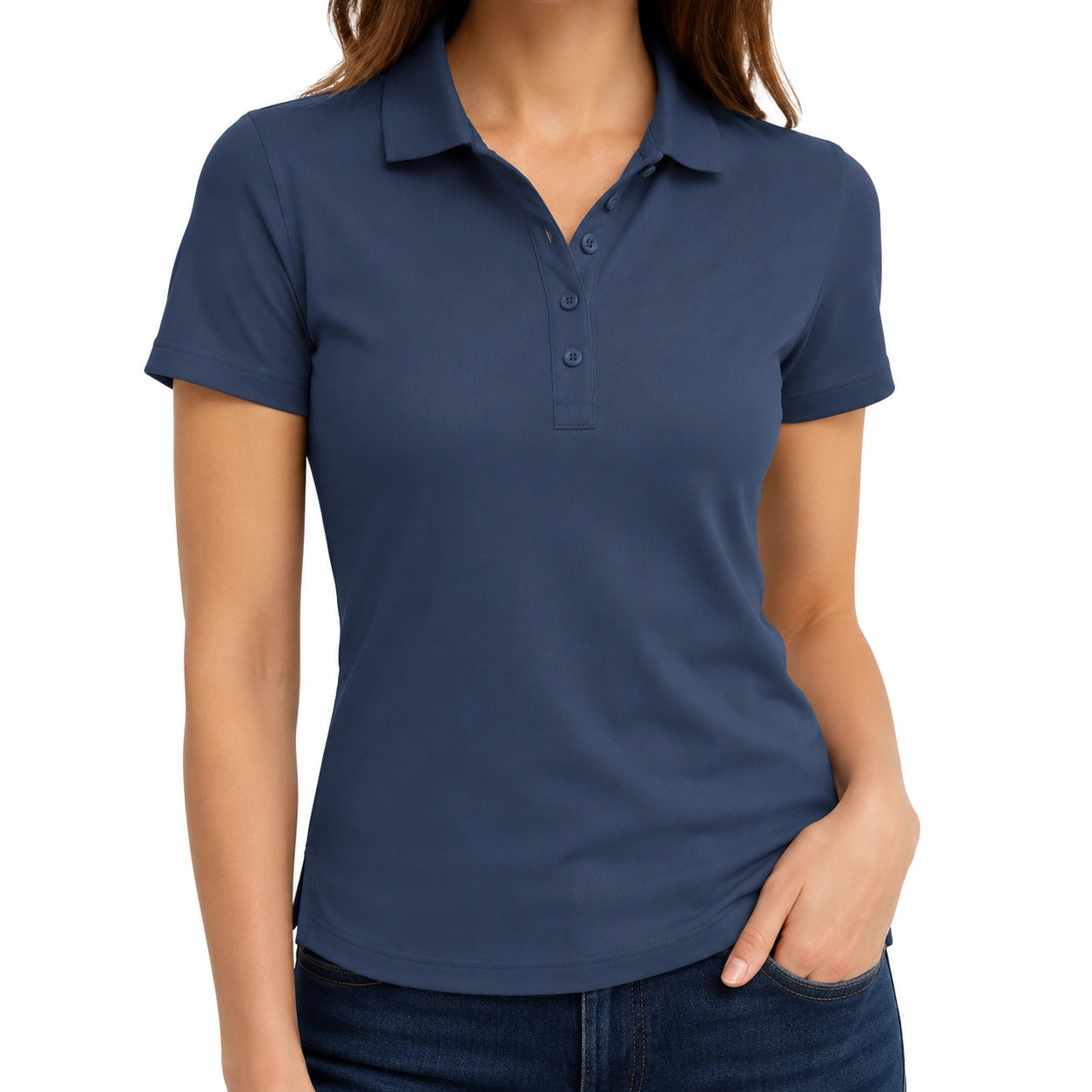Polo donna M blu navy a maniche corte in tessuto liscio stile casual