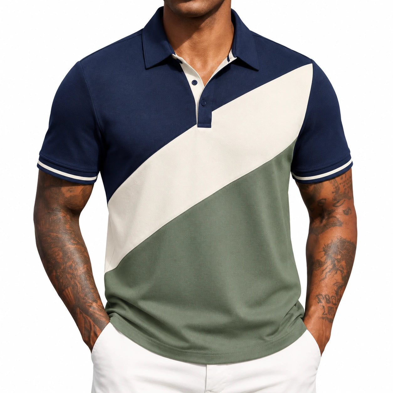 Polo uomo taglia M in tessuto piqué blu navy bianco e verde con blocchi di colore