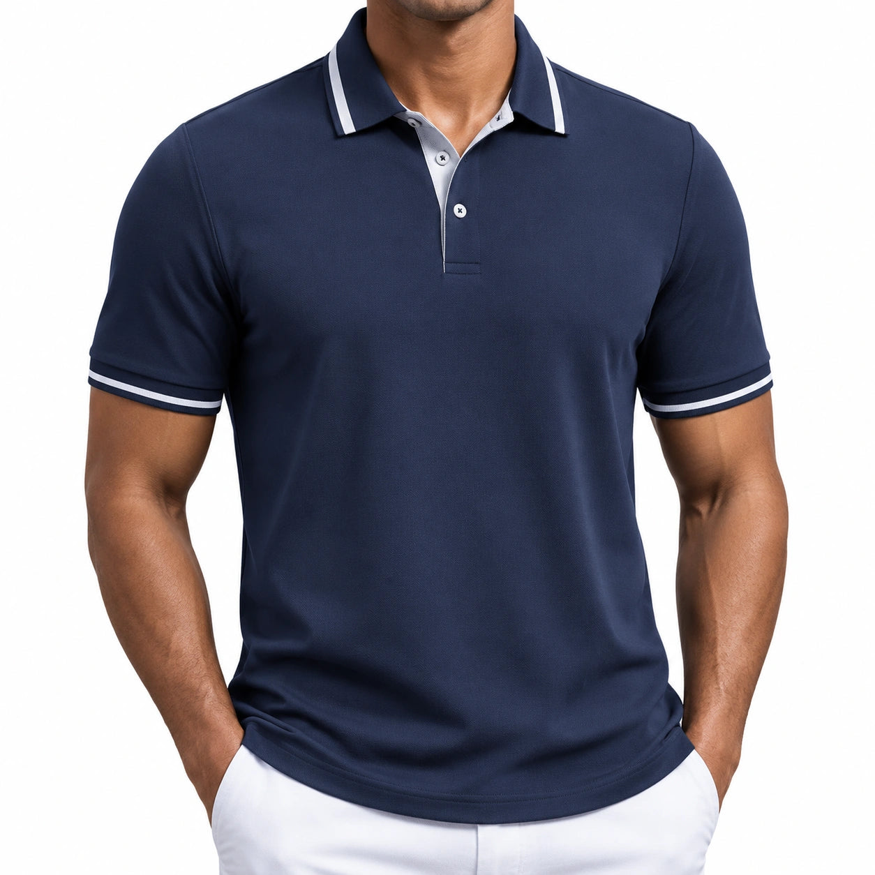 Polo uomo M in tessuto piqué blu navy e bianco - manica corta stile casual