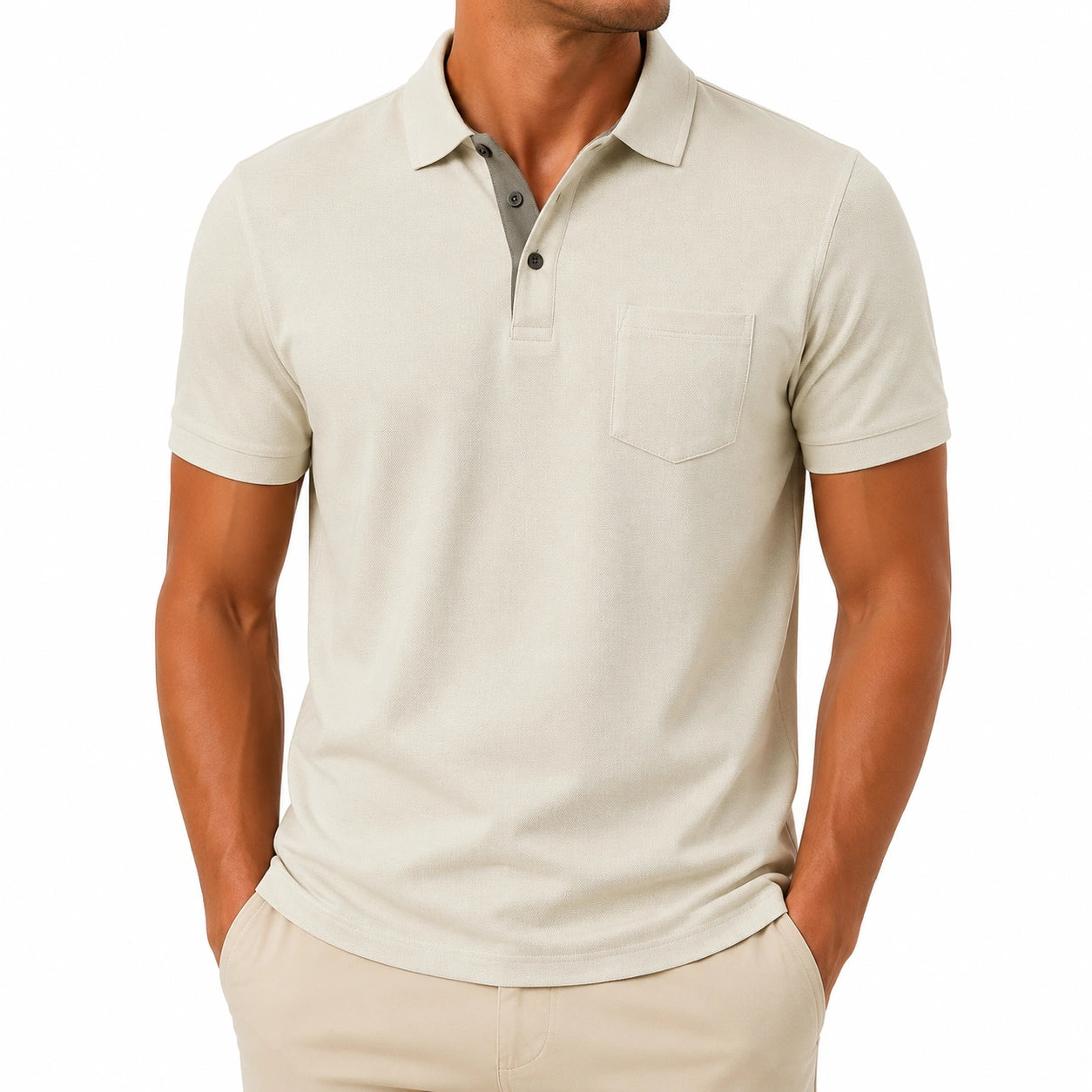 Polo uomo taglia M in tessuto beige a maniche corte con taschino