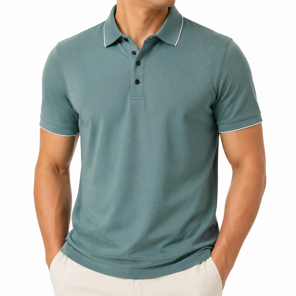 Polo da uomo taglia L in tessuto testurizzato verde salvia a maniche corte - stile casual