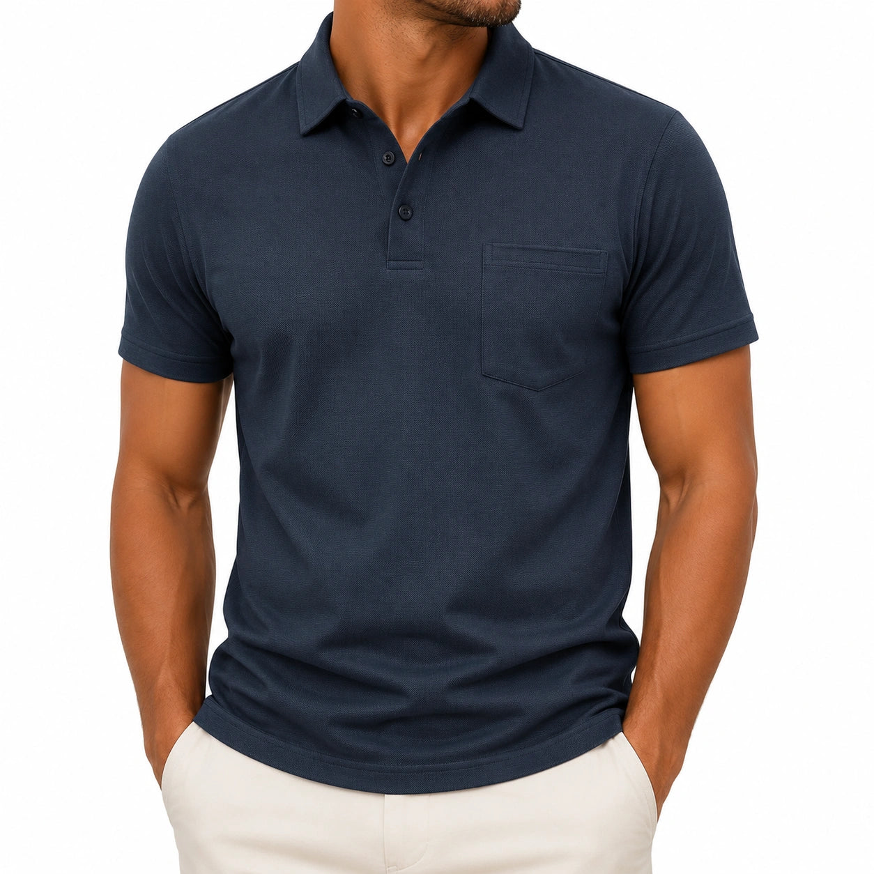 Polo uomo taglia L in tessuto piqué blu navy con taschino stile casual