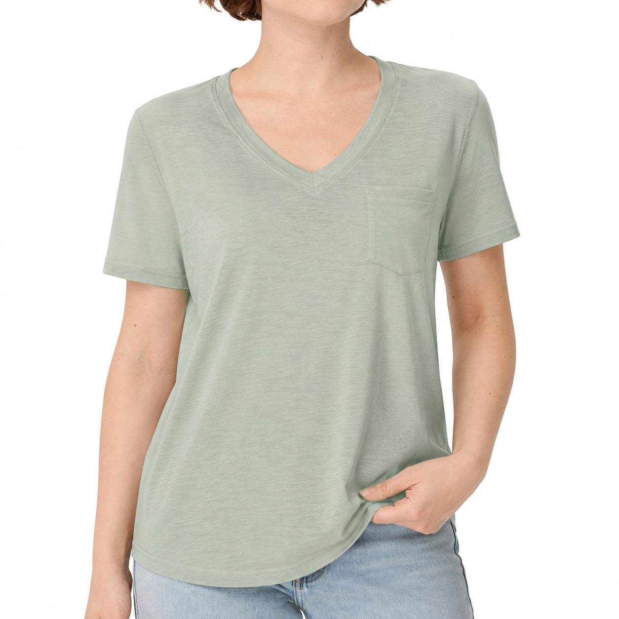 T-shirt donna taglia S verde salvia in tessuto a maglia con scollo a V e taschino