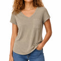Maglietta donna taglia S in tessuto taupe con scollo a V e taschino stile casual
